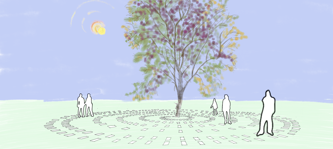 Ontwerptekening met een boom met daaromheen ringen van tegels met voetafdrukken van bewoners