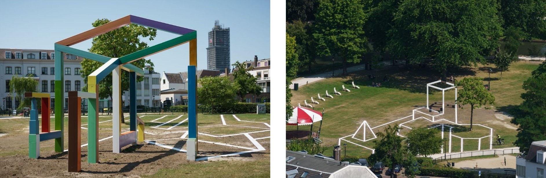 3D sculptuur van geometrische gekleurde vormen in Park Lepelenburg